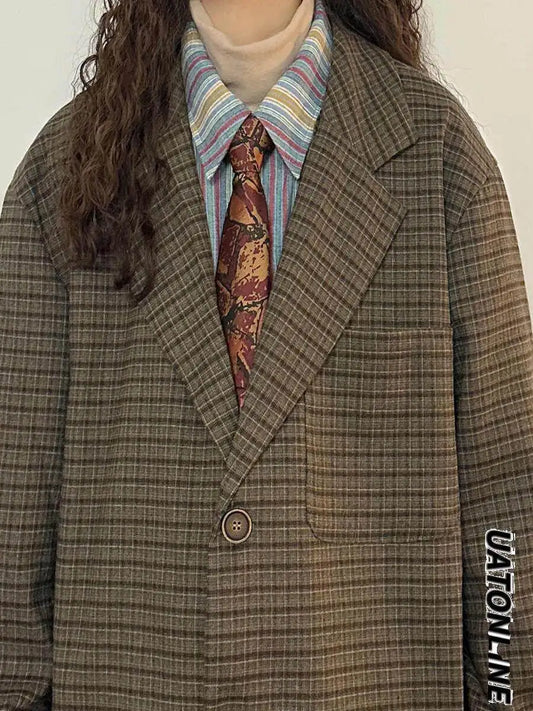 Women Brown Plaid Blazer Y2k 2000s Vintage Suit Coat Japanese Loose Vintage Casual Oversize Jacket Outerwear Spring Autumn 2026