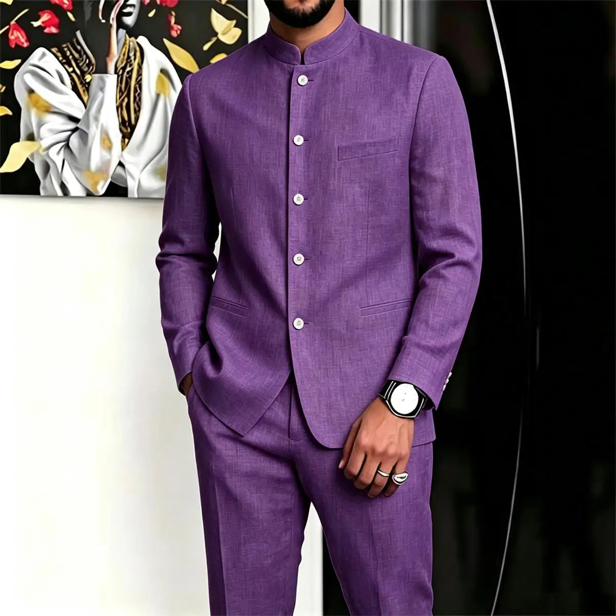Chinese Suit for Men 2 Piece Suits Slim Fit Chinese Tunic Suits Stand Collar Weddig Prom Suit Blazer Pants Set Outfit
