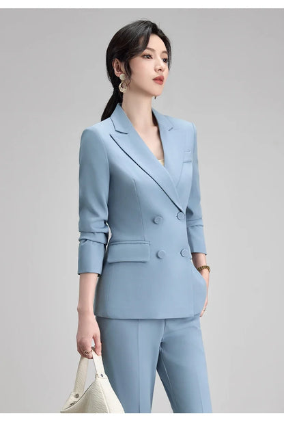Elegant Chic Business Formal Blazer Suit Pants 2 Piece Matching Sets Women 2026 Autumn Office Lady Outfit Blue Work Wear