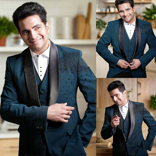 Costume Homme Men Suits with Pants 3 Pieces Beads Appliques Blazer Slim Fit Wedding Male Groom Formal Prom Tuxedos Customized
