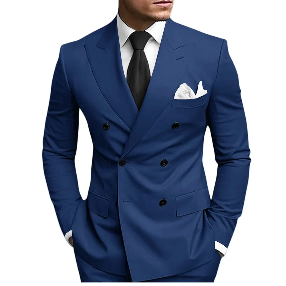 Classic Solid Suit Set 2 Pieces Jacket Pants For Men Wedding Groom Sets Double Breasted Men's Suits Banquet Tuxedo Wear XS-5XL