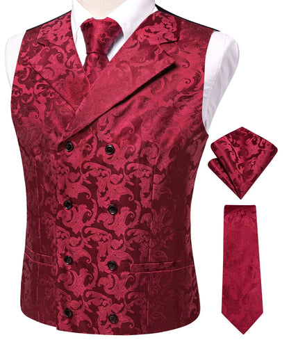 Men's Floral Jacquard Waistcoat Set – Golden Yellow Red Single Breasted Vest for Tuxedo, Gala & Special Occasions