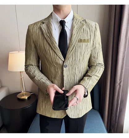 Korean Trend 3D Pleated Suit Jacket for Men Wedding Groom Business Dress Jacket Casual Banquet Party Host Blazer Masculino