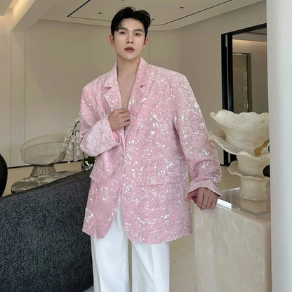 Blazer 2025 Autumn New Sequin Patchwork Luxury Elegant Temperament Coat Men's Fashion Handsome Shoulder Pad Coat JY5816
