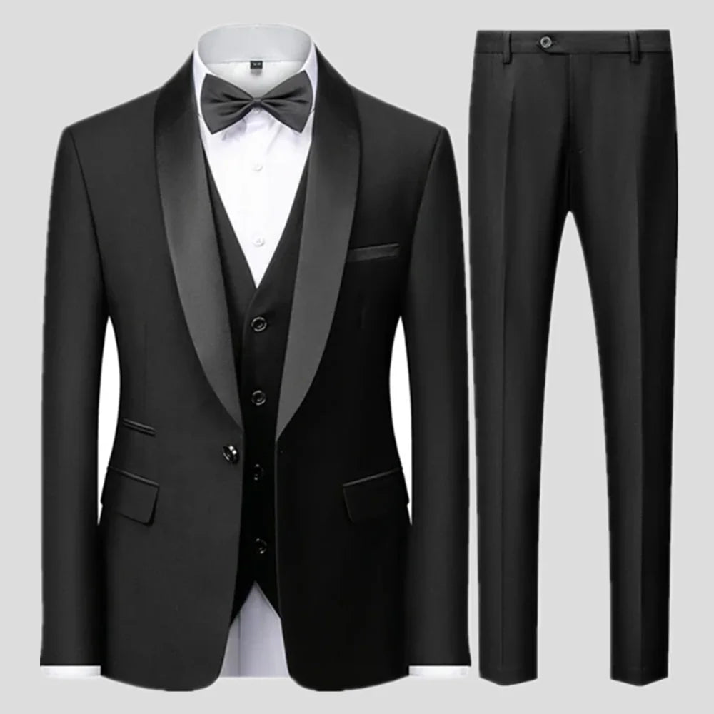 Black Men Autumn Wedding Party Three Pieces Set Large Size Male Blazer Coat Pants and Vest Fashion Slim Fit Suit