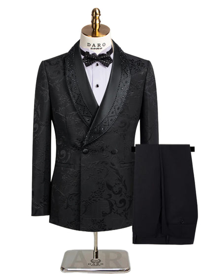 Men's Suit Jacquard Fabric Embroidery One Button 2 Pieces Blazer Pants Buckle Work Wool Wear Side Fork Wedding Prom Customized