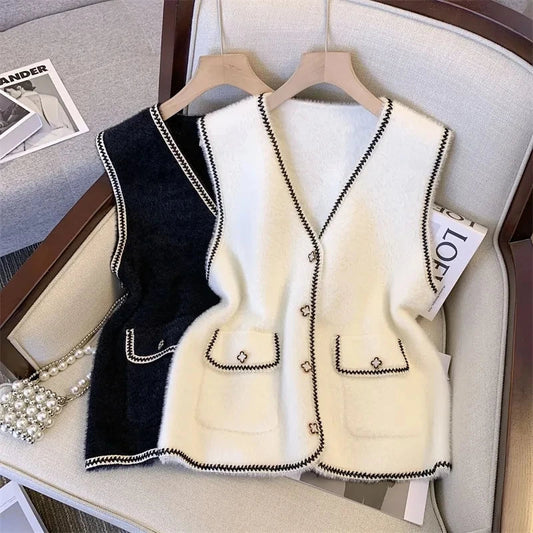 2025 NEW Spring Autumn Thin Vest Jacket For Women Fashion V-Neck Sleeveless Waistcoat Lady Slim Button Mink Fleece Top Wool Coat