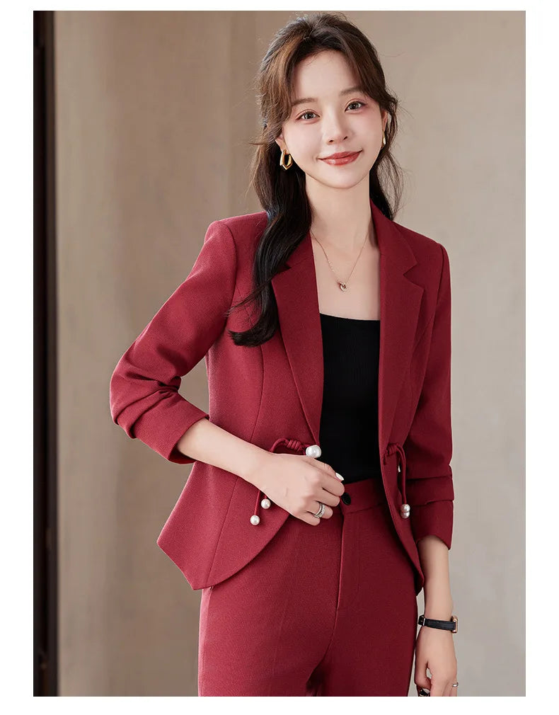 Elegant National Style Buckle Pants Suit  2024 Autumn New Professional Temperament Slim Blazer And Pants Office Ladies Work Wear