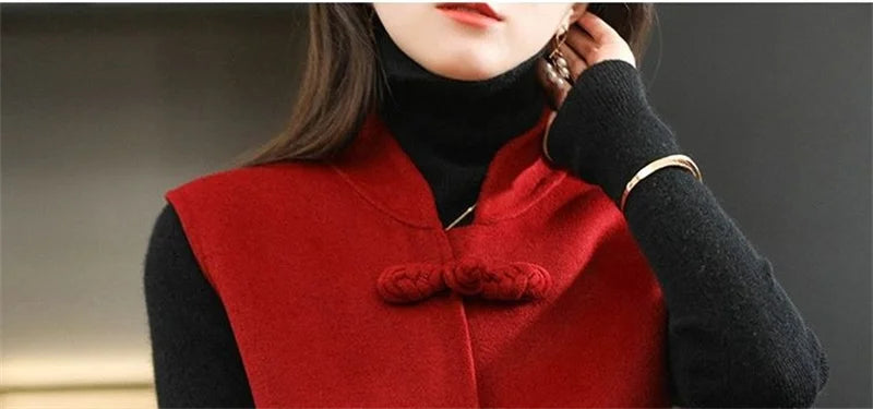 Woolen Vest Women's Standing Neck Button Chinese Style Loose Versatile Thin Wool Vest Outerwear Coat Sleeveless Jacket For Women