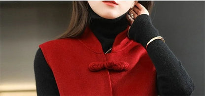 Woolen Vest Women's Standing Neck Button Chinese Style Loose Versatile Thin Wool Vest Outerwear Coat Sleeveless Jacket For Women