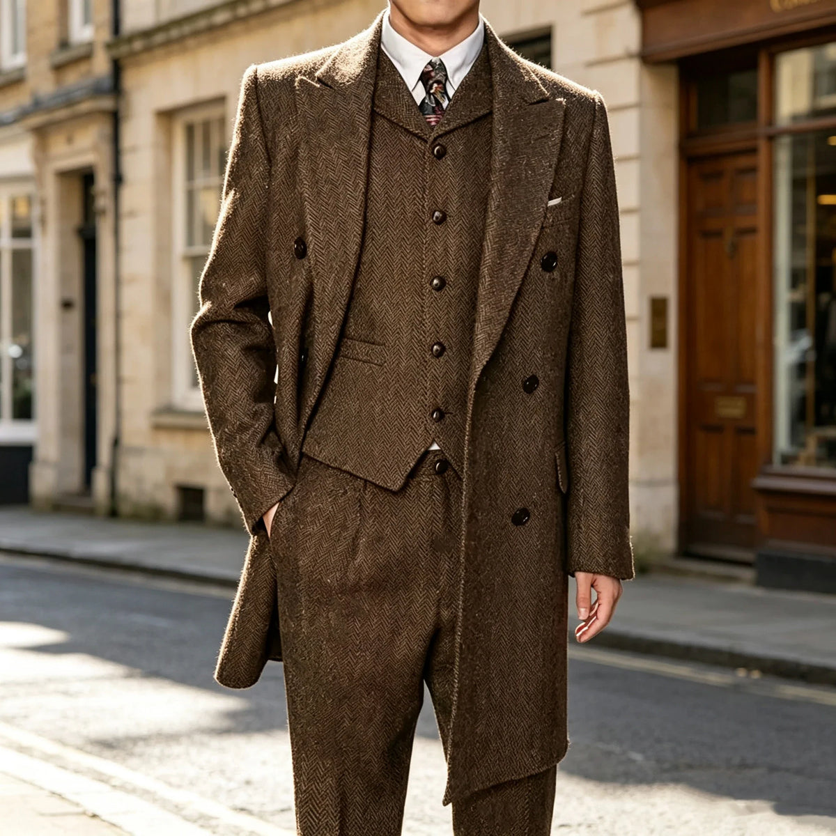 Men Vintage Herringbone Tweed 3 Piece Suit Double Breasted Overcoat Vest Pants Wedding Busines British Style Wool Blend Suit Set