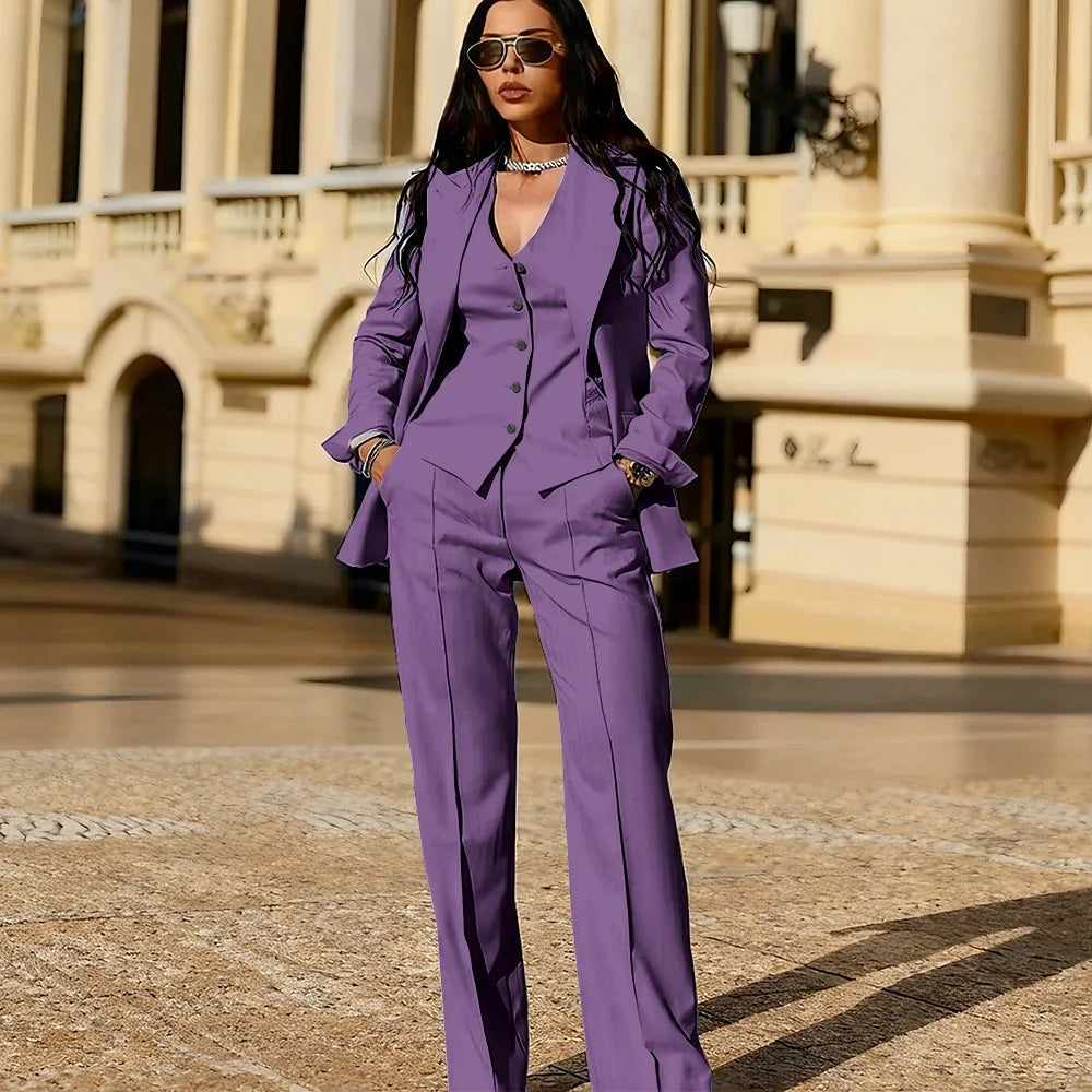Light Blue 3 Piece Suit Set New Women's Jackets Single Breasted Peaked Lapel Blazer+Vest+Pants Formal Office Commute Outfit