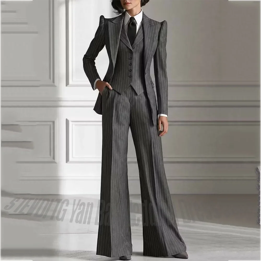 Classic Fit Grey Stripe Women's Suits Structured Shoulder Slim Peak Lapel Luxury Formal Female Clothing Blazer Vest Pants