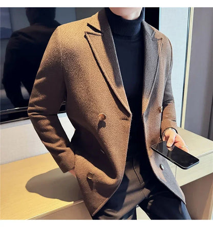 British Style Autumn Winter Thick Double Breasted Woolen Coats High Quality Men Business Casual Warm Suit Jackets Men Clothing