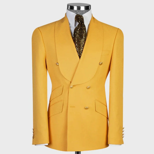 Men Suit Yellow 2 Piece Double Button With Wide Lapel Solid For Wedding Birthday Banquet Party Business Work Office Jacket Pants