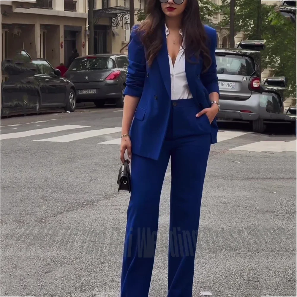 Women's Pants Suit Two Pieces(Jacket+Trousers) High Quality Double Breasted Casual Chic Tailored Straight Modern Lady Sets