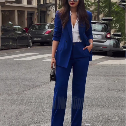 Women's Pants Suit Two Pieces(Jacket+Trousers) High Quality Double Breasted Casual Chic Tailored Straight Modern Lady Sets