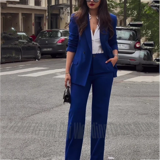 Women's Pants Suit Two Pieces(Jacket+Trousers) High Quality Double Breasted Casual Chic Tailored Straight Modern Lady Sets