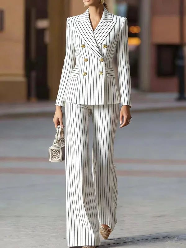 Autumn Pant Suit Women Striped Female Business Work Wear Jacket Blazer Trouser Formal 2 Piece Set Women's Clothing
