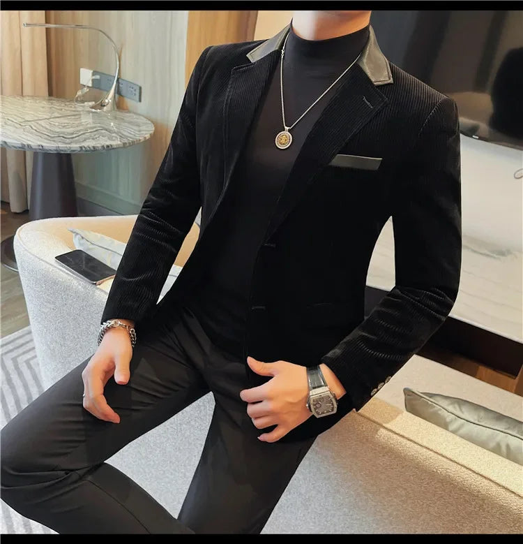 Autumn Winter Corduroy Suit Coat For Men Korean Elegant Slim Fit Business Formal Dress Coats Groom Wedding Tuxedo Suit Jacket