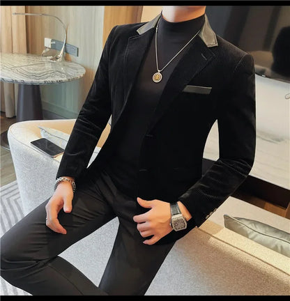 Autumn Winter Corduroy Suit Coat For Men Korean Elegant Slim Fit Business Formal Dress Coats Groom Wedding Tuxedo Suit Jacket
