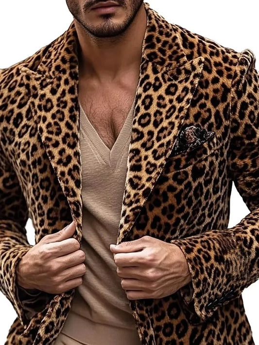 Men's Leopard Print Blazer Single Breasted Slim Fit Notch Lapel Tuxedo Jacket for Party and Prom