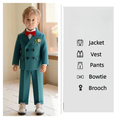 Flower Boys Wedding Outfit Kids Spring Autumn Jacket Vest Pants Bowtie Brooch 5Pieces Suit Set Children's Performance Costume