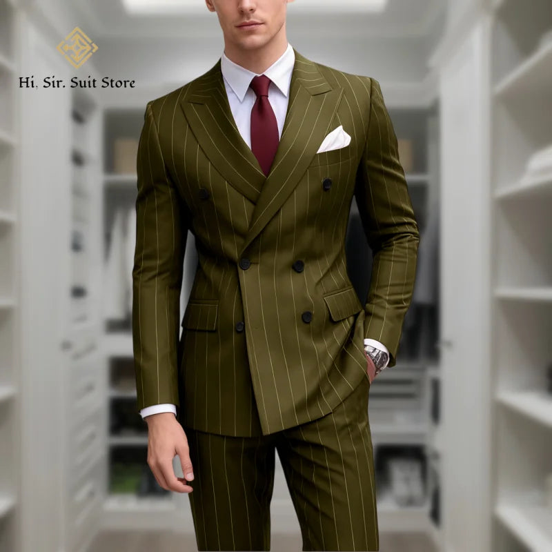 Men's 2-Piece Slim Fit Double-Breasted Striped Suit Set for Men – Wedding, Business & Formal Occasions