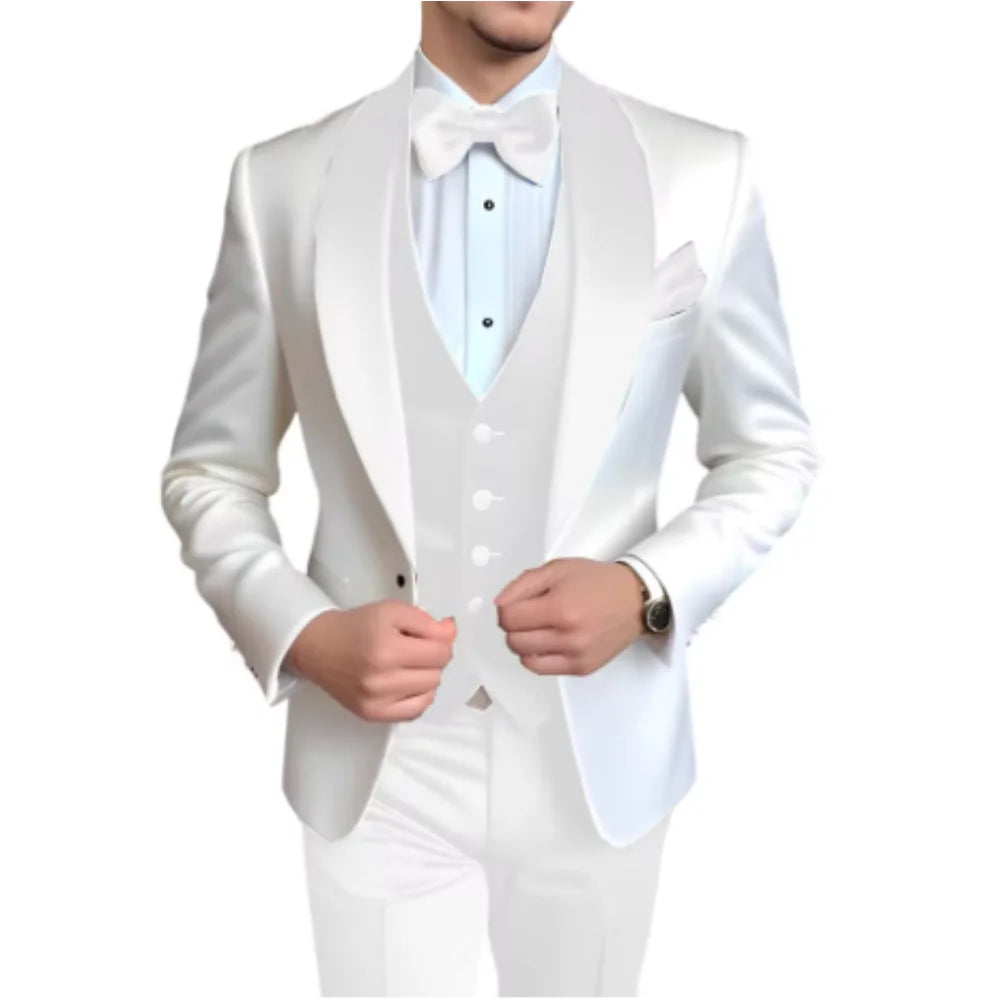 Men's 3-Piece Suit with Scarf Lapel — Single-Breasted Tuxedo for Weddings & Formal Events
