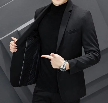 Men's Winter Cotton-Padded Thick Double-Breasted Casual Blazer Korean Style Trendy Solid Color Dark Blue Black Suit Jacket