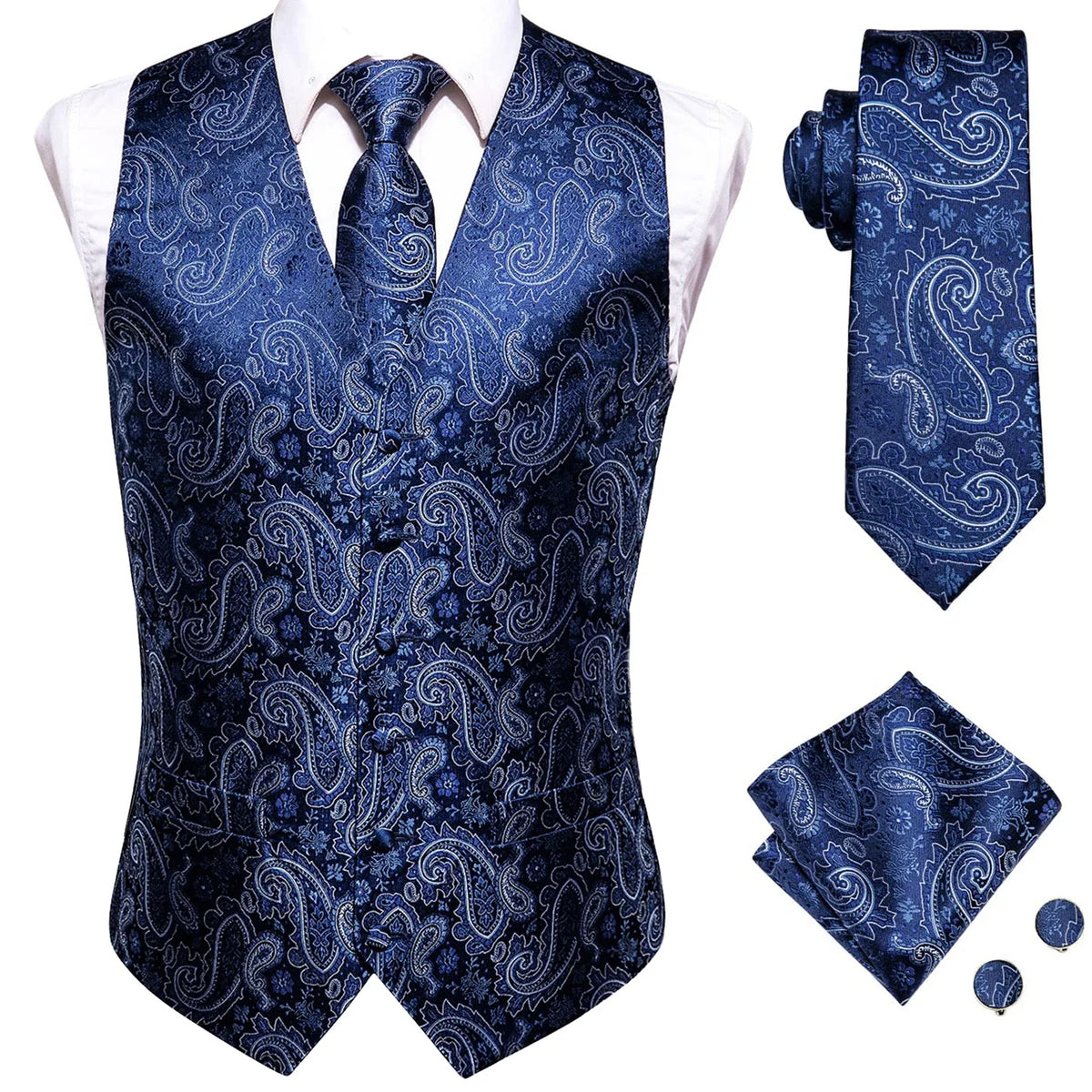Men's Waistcoat Suit Set with Jacquard Floral Vest, Tie, Hanky & Cufflinks for Wedding and Business