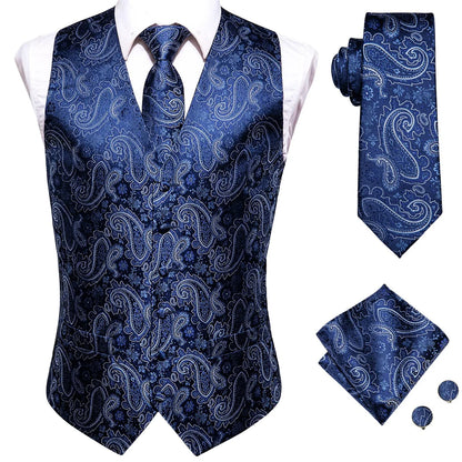Men's Waistcoat Suit Set with Jacquard Floral Vest, Tie, Hanky & Cufflinks for Wedding and Business