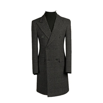 Autumn Winter Houndstooth Men's Long Coat Double Breasted Classic Jacket for Wedding Formal Blazers Groom Business Tuxedos