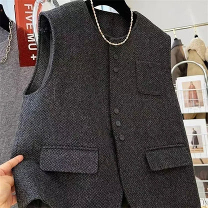 Women O- Neck Woolen Vest Coat European Female Cardigan Cotton Waistcoat Jacket Autumn Ladies Fashion  Sleeveless Tops Outwear