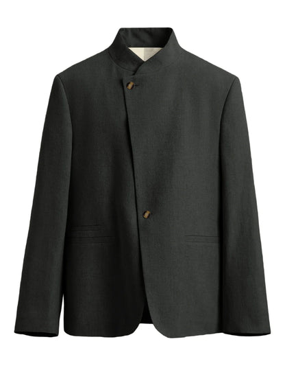  Mandarin Collar Men‘s Blazer Linen Blend Chinese Stand Collar Men Jacket Asymmetric Button Breathable Men Coat Wedding Party