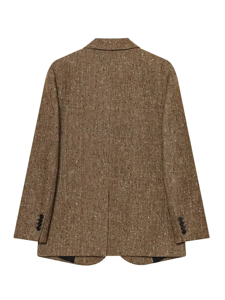 Woman Winter Lapel Pocket Decoration Single Breasted Long Sleeves Herringbone Twill Blazer Female Leisure Street Style Coat