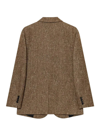Woman Winter Lapel Pocket Decoration Single Breasted Long Sleeves Herringbone Twill Blazer Female Leisure Street Style Coat