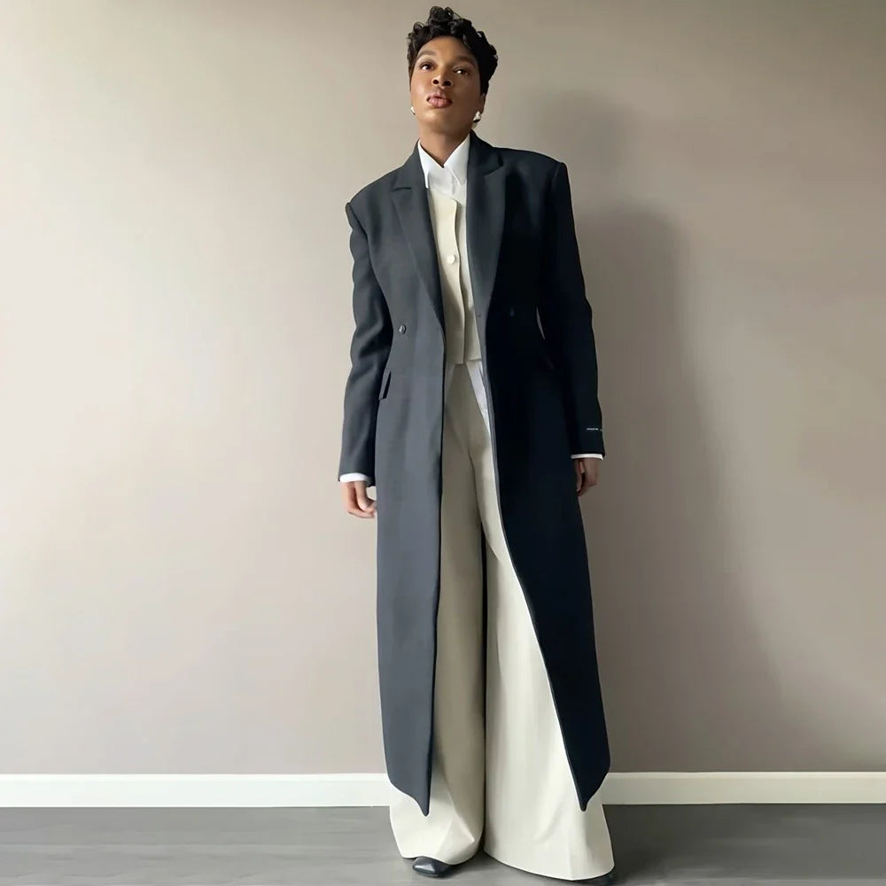 Luxury Women's Dark Grey Double Breasted 3 Piece Suit Oversized Long Jacket Vest Pants Set Formal Dinner Party Lady Outerwears