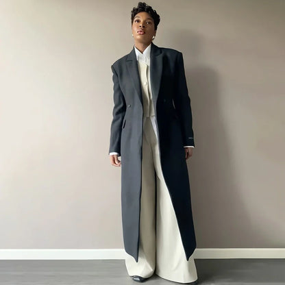 Luxury Women's Dark Grey Double Breasted 3 Piece Suit Oversized Long Jacket Vest Pants Set Formal Dinner Party Lady Outerwears