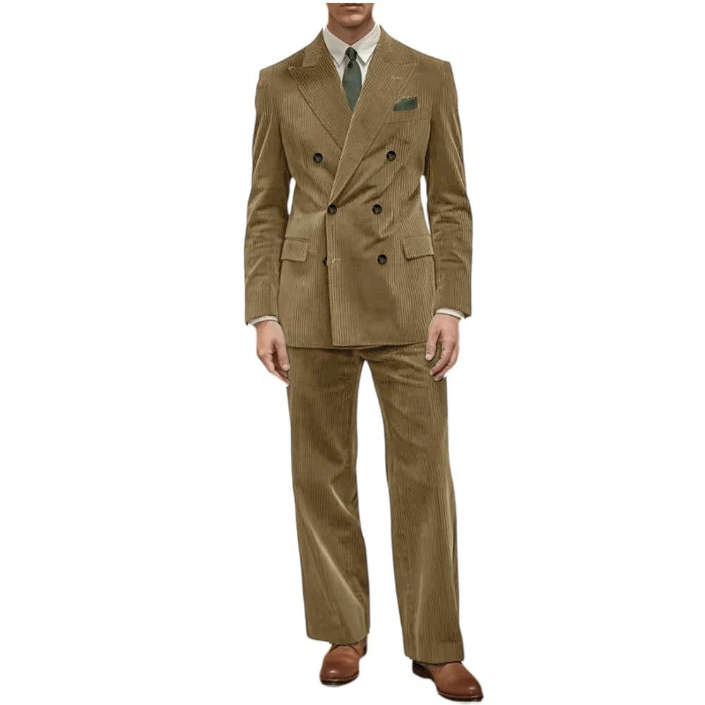 Men's Corduroy Suit 2 Piece Retro Double Breasted Peak Lapel Blazer Straight Leg Pants Formal Set Business Casual Wedding Party