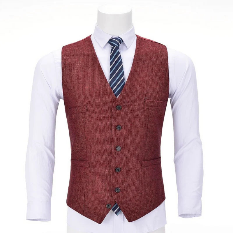 Men's Herringbone Vest Single Breasted Formal Waistcoat for Weddings and Business