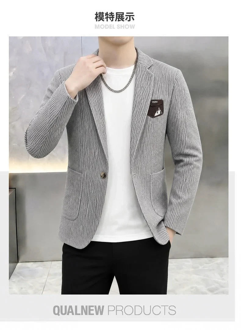 Autumn Winter Suit Jacket Men's Korean Slim Fit Striped Casual Blazers Wedding Business Streetwear Social Dress Jackets 2026