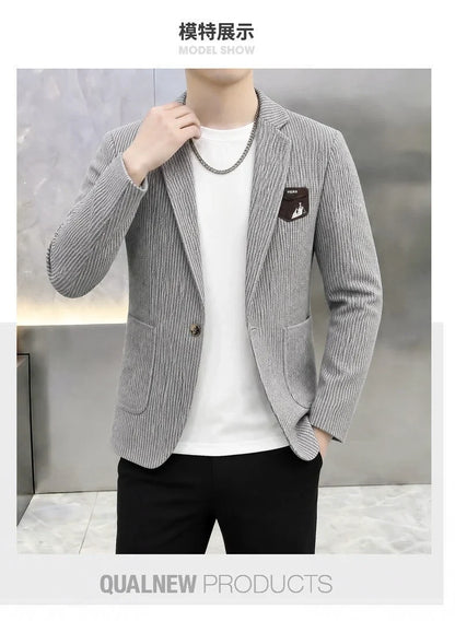 Autumn Winter Suit Jacket Men's Korean Slim Fit Striped Casual Blazers Wedding Business Streetwear Social Dress Jackets 2026