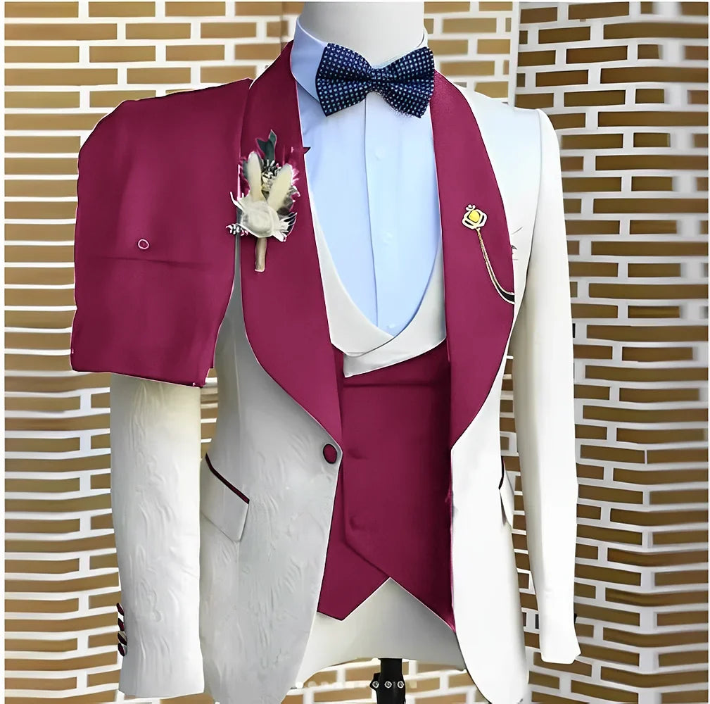 White Jacquard Elegant suits Men For Wedding Formal Jacket Vest Pants 3 Pieces Groomsman Tuxedos Tailored Male Fashion Clothing