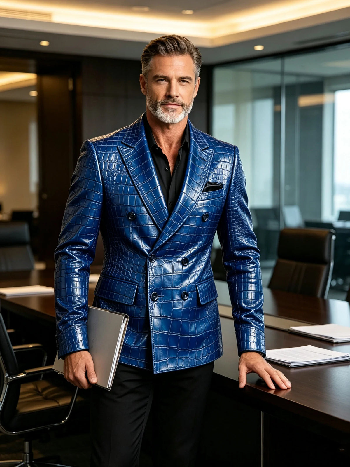 Men's Crocodile Embossed Leather Blazer Jacket Slim Fit Double Breasted Formal Suit Coat for Business Office Wrok Banquet Party