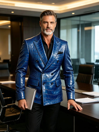 Men's Crocodile Embossed Leather Blazer Jacket Slim Fit Double Breasted Formal Suit Coat for Business Office Wrok Banquet Party