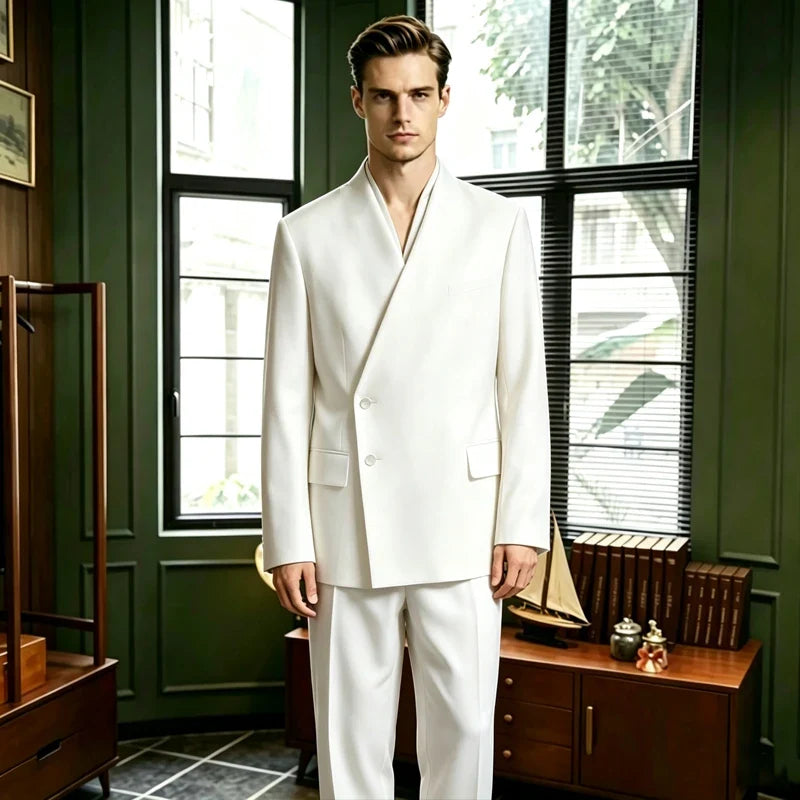 Men's 2-Piece Suit No Lapel Cross V-Neck Loose Blazer & Trousers – Wedding & Formal Occasions
