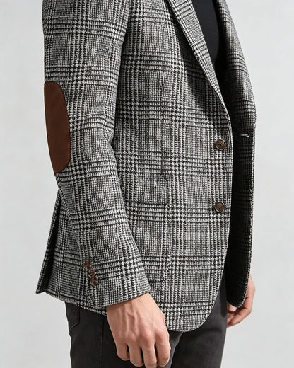 Vintage Wool Blend Plaid Men's Jackets Notched Collar Slim Fit Single Breasted Blazers With Suede Elbow Patches Business Casual