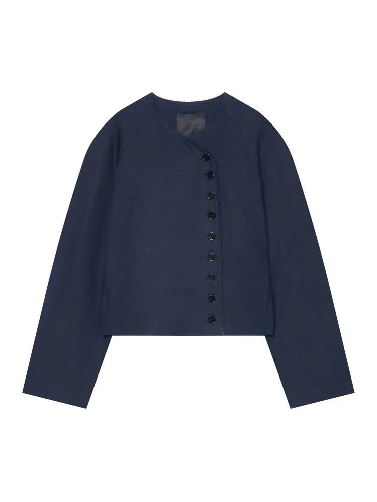 Women Collarless Cropped Blazer Round Neck Button Front Short Jacket Minimalist Loose Office Lady Casual Outerwear