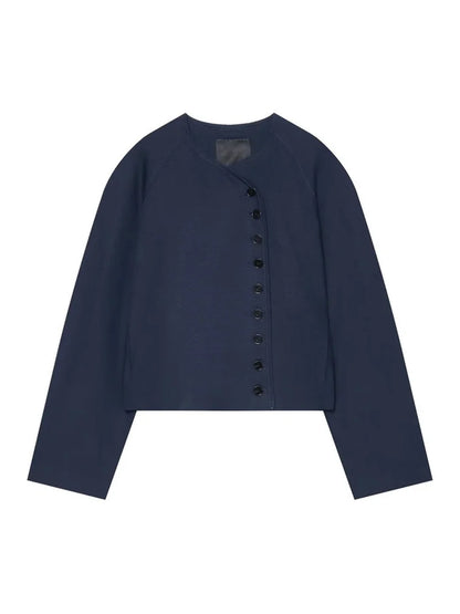 Women Collarless Cropped Blazer Round Neck Button Front Short Jacket Minimalist Loose Office Lady Casual Outerwear